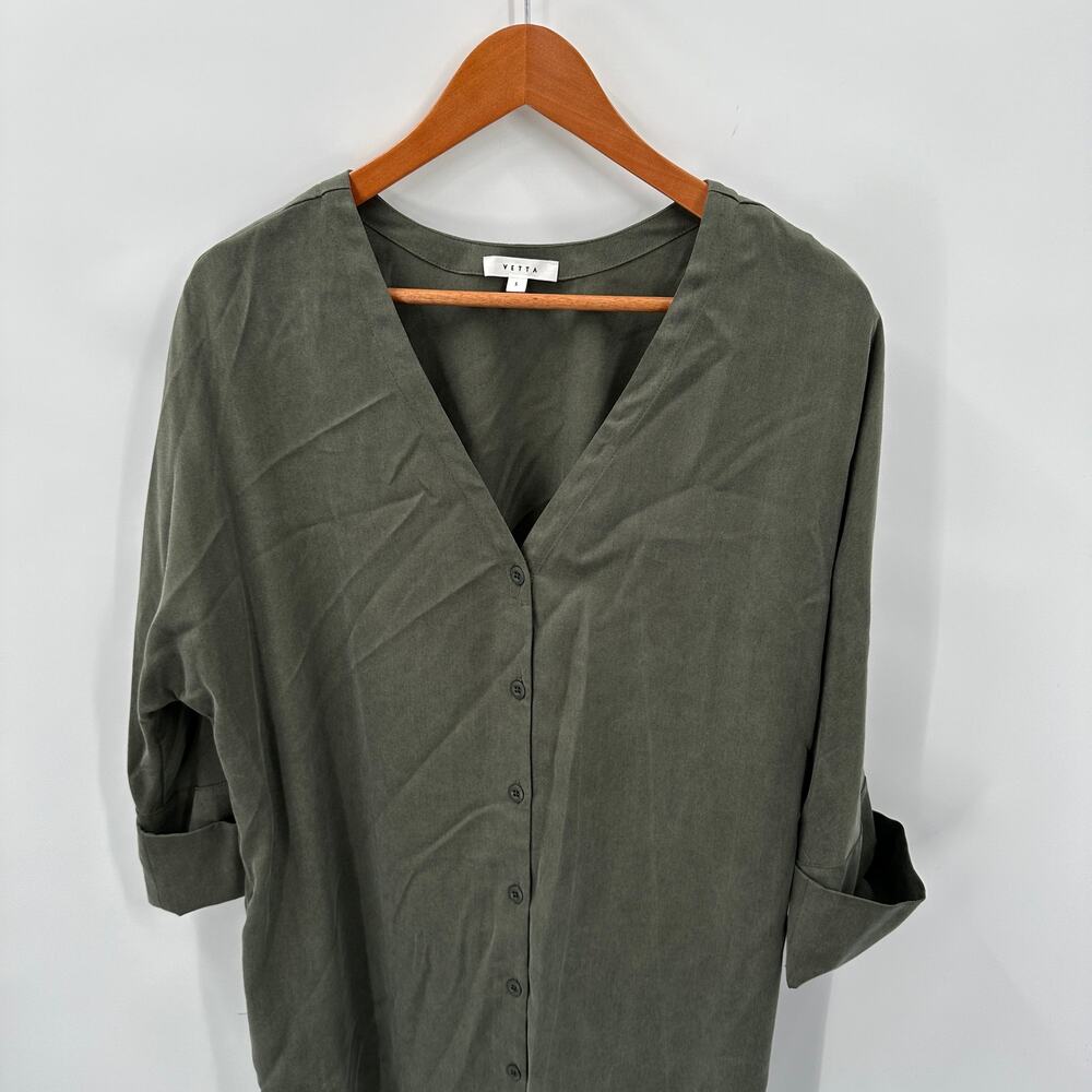 VETTA Tencel Button Down The Boyfriend Shirt Dress in Olive Green // S - Picture 6 of 15